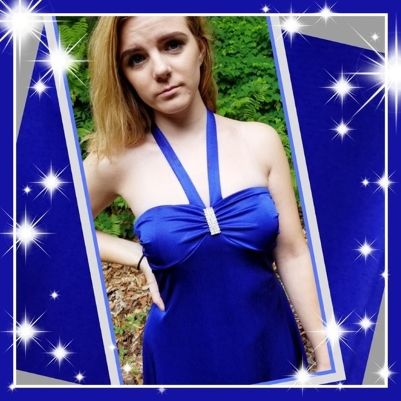 B. Wear Too ✦ Blue Halter Mini Dress ✦ Crystal Accent w/ Satin Glow & Ruffle Hem - Picture 7 of 13